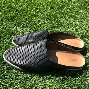 Frye black perforated leather slides size 7